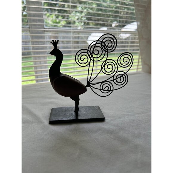 Peacock Wood Metal Figurine Sculpture on Base Decorative Desk Note Holder - Picture 1 of 5